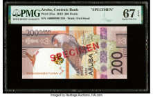 Aruba Centrale Bank van Aruba 500 Florin 1.1.2019 Pick 25as Specimen PMG Superb Gem Unc 67 EPQ. Red Specimen overprints are present on this example. 
...