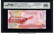 Bahrain Central Bank of Bahrain 1 Dinar 2006 (ND 2008) Pick 26s Specimen PMG Gem Uncirculated 66 EPQ. Red Specimen overprints and one POC present on t...