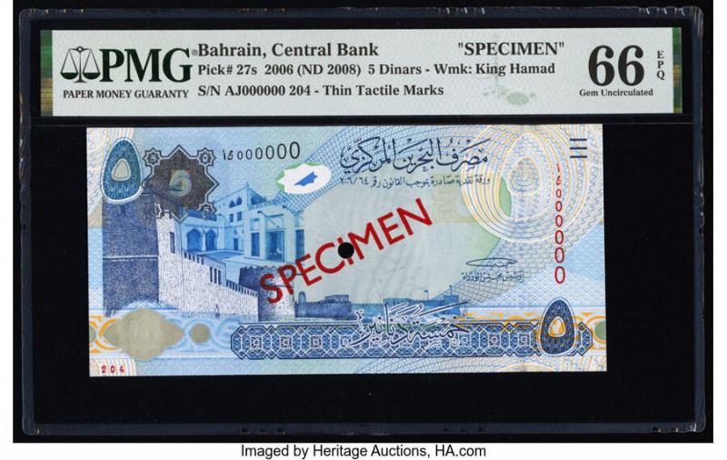 Bahrain Central Bank of Bahrain 5 Dinars 2006 (ND 2008) Pick 27s Specimen PMG Ge...