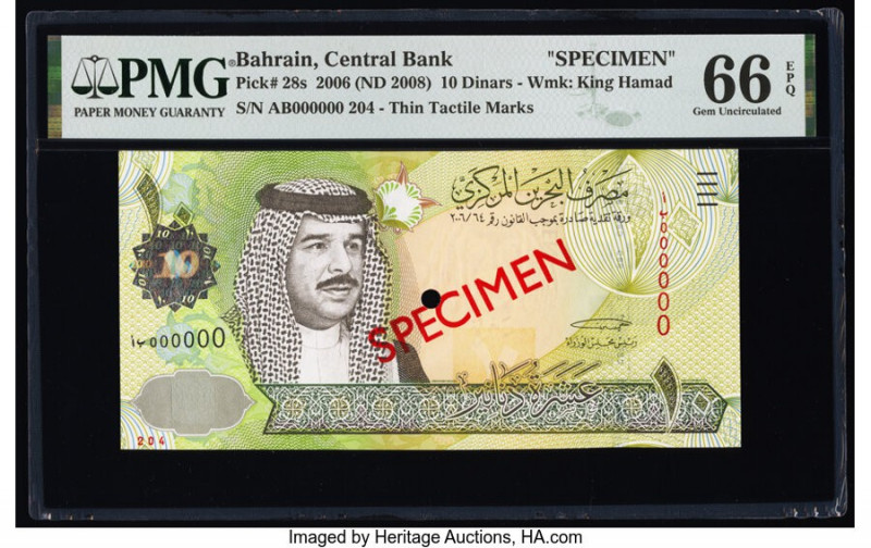 Bahrain Central Bank of Bahrain 10 Dinars 2006 (ND 2008) Pick 28s Specimen PMG G...