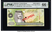 Bahrain Central Bank of Bahrain 10 Dinars 2006 (ND 2008) Pick 28s Specimen PMG Gem Uncirculated 66 EPQ. Red Specimen overprints and two POCs present o...