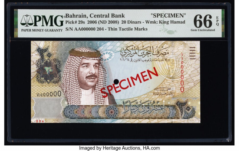 Bahrain Central Bank of Bahrain 20 Dinars 2006 ND (2008) Pick 29s Specimen PMG G...