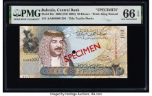 Bahrain Central Bank of Bahrain 20 Dinars 2006 ND (2008) Pick 29s Specimen PMG Gem Uncirculated 66 EPQ. Red Specimen overprints and one POC present on...