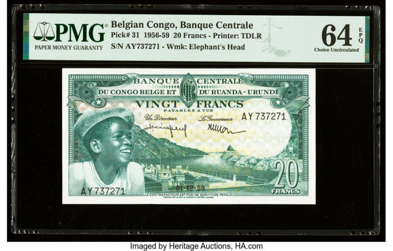 Belgian Congo Banque Centrale du Congo Belge 20 Francs 1.12.1959 Pick 31 PMG Cho...