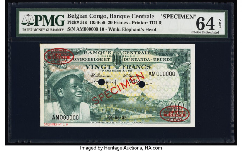 Belgian Congo Banque Centrale du Congo Belge 20 Francs 1.6.1959 Pick 31s Specime...