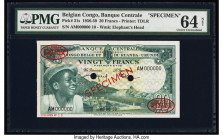 Belgian Congo Banque Centrale du Congo Belge 20 Francs 1.6.1959 Pick 31s Specimen PMG Choice Uncirculated 64 Net. Red Specimen & TDLR overprints, two ...
