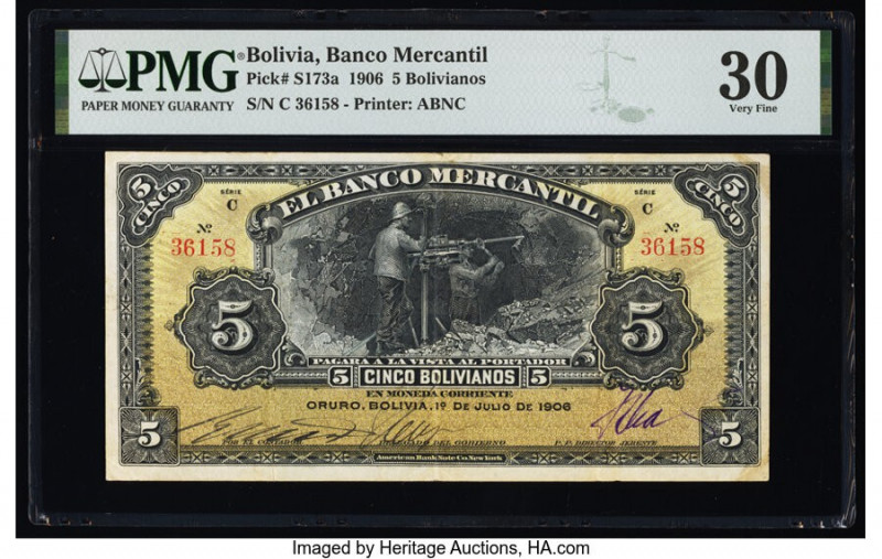 Bolivia Banco Mercantil 5 Bolivianos 1.7.1906 Pick S173a PMG Very Fine 30. This ...