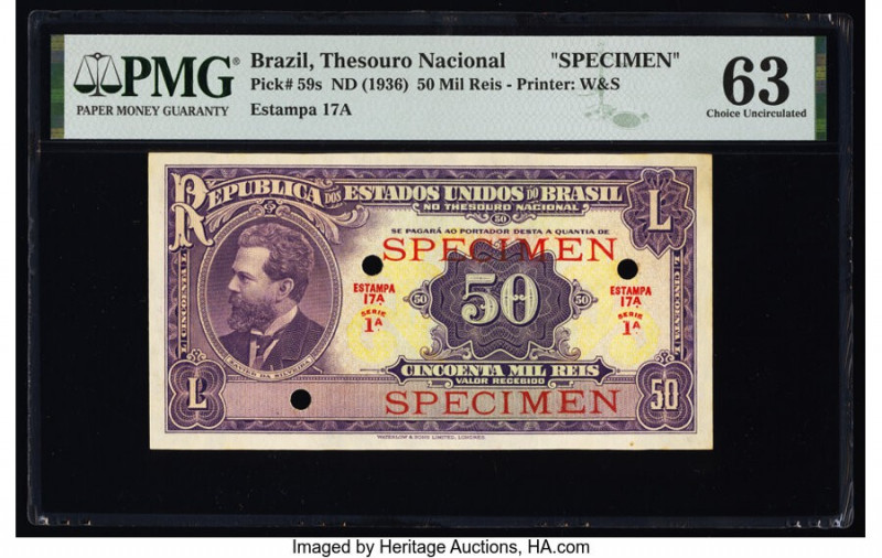 Brazil Thesouro Nacional 50 Mil Reis ND (1936) Pick 59s Specimen PMG Choice Unci...