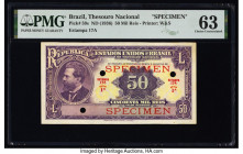 Brazil Thesouro Nacional 50 Mil Reis ND (1936) Pick 59s Specimen PMG Choice Uncirculated 63. Red Specimen overprints and three POCs are present on thi...