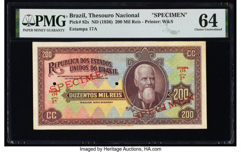 Brazil Thesouro Nacional 200 Mil Reis ND (1936) Pick 82s Specimen PMG Choice Unc...
