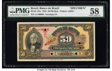 Brazil Banco do Brasil 50 Mil Reis 8.1.1923 Pick 119s Specimen PMG Choice About Unc 58. Red Modelo overprints, five POCs, stains and staple holes are ...