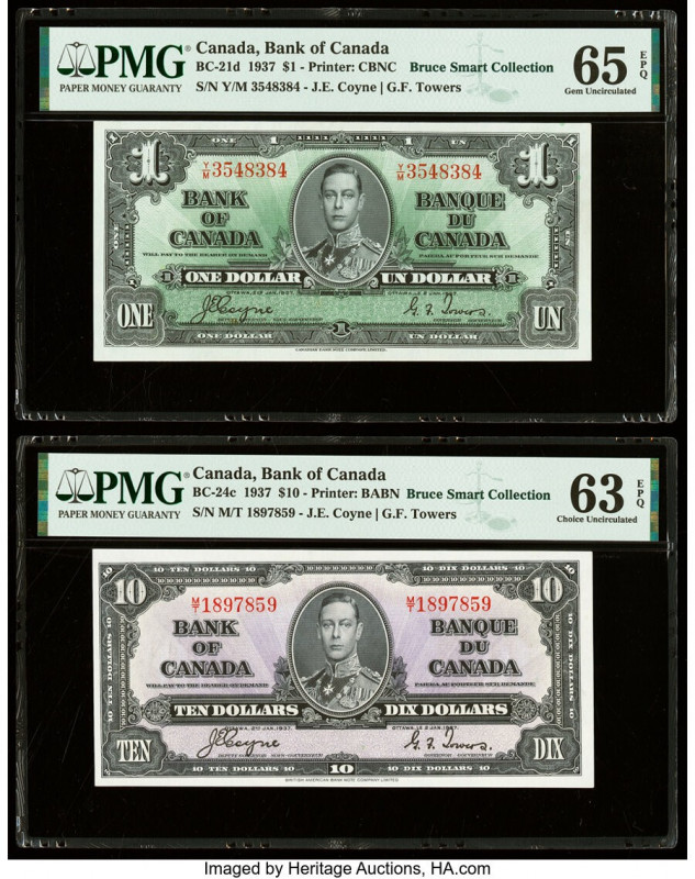 Canada Bank of Canada $1; 10 2.1.1937 BC-21d; BC-24c Two Examples PMG Gem Uncirc...