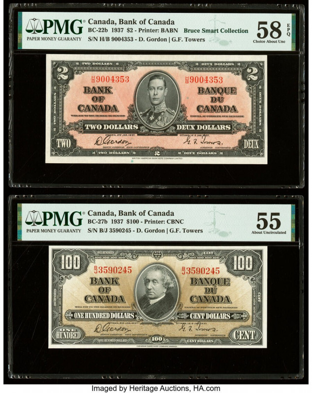 Canada Bank of Canada $2; 100 2.1.1937 BC-22b; BC-27b Two Examples PMG Choice Ab...
