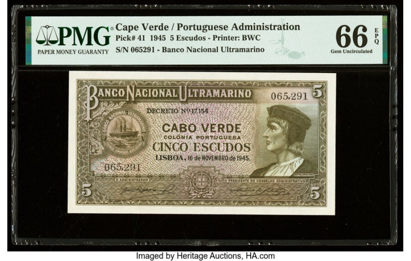 Cape Verde Banco Nacional Ultramarino 5 Escudos 16.11.1945 Pick 41 PMG Gem Uncir...