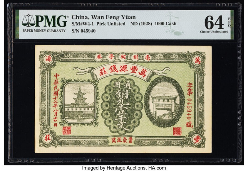 China Wan Feng Yuan 1000 Cash ND (1928) Pick UNL PMG Choice Uncirculated 64 EPQ....