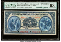 Costa Rica Banco Internacional de Costa Rica 5 Colones ND (1919-30) Pick 174s Specimen PMG Choice Uncirculated 63. Red Specimen overprints and three P...