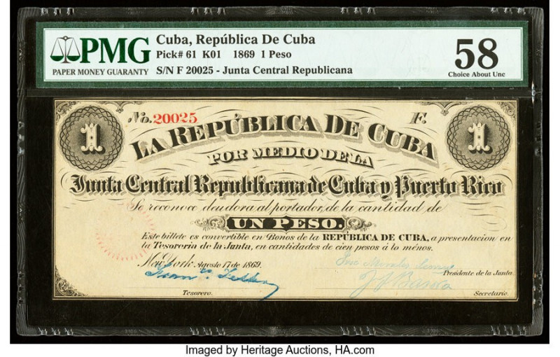 Cuba Republica de Cuba 1 Peso 17.8.1869 Pick 61 PMG Choice About Unc 58. Faded S...