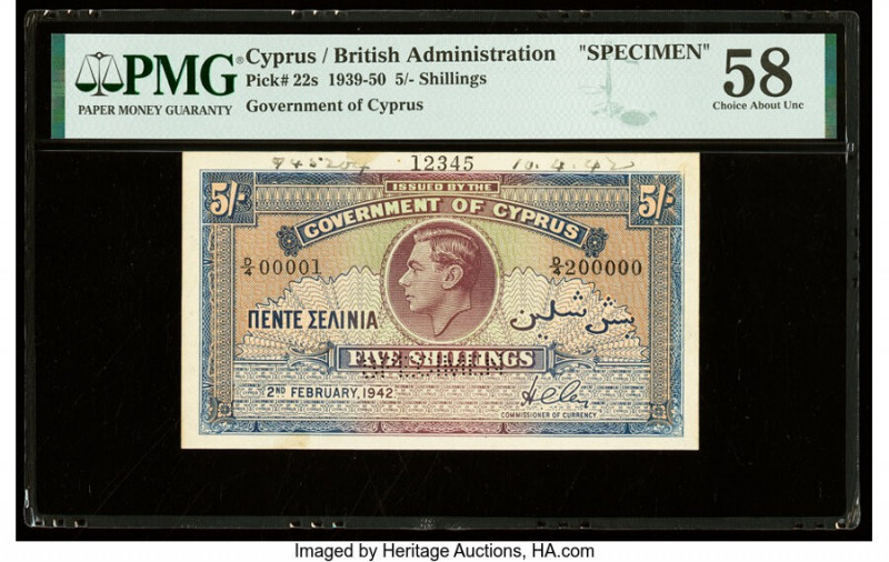 Cyprus Central Bank of Cyprus 5 Shillings 2.2.1942 Pick 22s Specimen PMG Choice ...