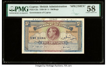 Cyprus Central Bank of Cyprus 5 Shillings 2.2.1942 Pick 22s Specimen PMG Choice About Unc 58. A perforated Specimen punch, annotations and a minor era...