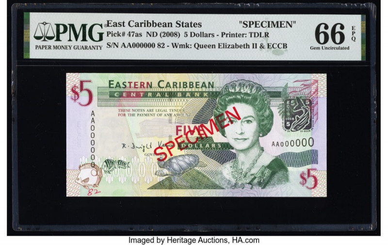 East Caribbean States Central Bank 5 Dollars ND (2008) Pick 47as Specimen PMG Ge...
