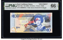 East Caribbean States Central Bank 10 Dollars ND (2008) Pick 48as Specimen PMG Gem Uncirculated 66 EPQ. Red Specimen overprints are present on this ex...