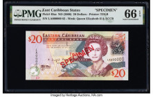 East Caribbean States Central Bank 20 Dollars ND (2008) Pick 49as Specimen PMG Gem Uncirculated 66 EPQ. Red Specimen overprints are present on this ex...