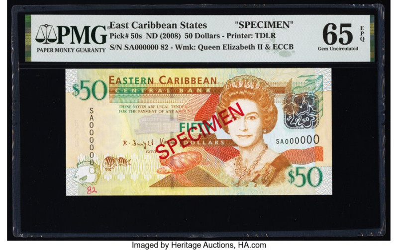 East Caribbean States Central Bank 50 Dollars ND (2008) Pick 50s Specimen PMG Ge...