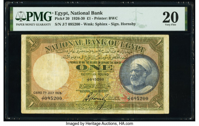 Egypt National Bank of Egypt 1 Pound 7.7.1926 Pick 20 PMG Very Fine 20. 

HID098...