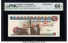 Egypt Central Bank of Egypt 100 Pounds ND (1994-97) Pick 61s Specimen PMG Gem Uncirculated 66 EPQ. Red Specimen overprints are present on this example...