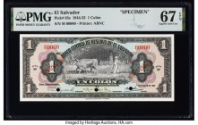 El Salvador Banco Central de Reserva de El Salvador 1 Colon 14.5.1952 Pick 83s Specimen PMG Superb Gem Unc 67 EPQ. Red Specimen overprints and three P...
