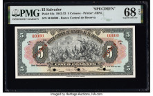 El Salvador Banco Central de Reserva de El Salvador 5 Colones 2.5.1951 Pick 84s Specimen PMG Superb Gem Unc 68 EPQ. Red Specimen overprints and three ...