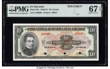 El Salvador Banco Central de Reserva de El Salvador 10 Colones 6.9.1949 Pick 85s Specimen PMG Superb Gem Unc 67 EPQ. Red Specimen overprints and three...