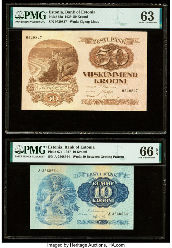 Estonia Bank of Estonia 50; 10 Krooni 1929; 1937 Pick 65a; 67a Two Examples PMG ...
