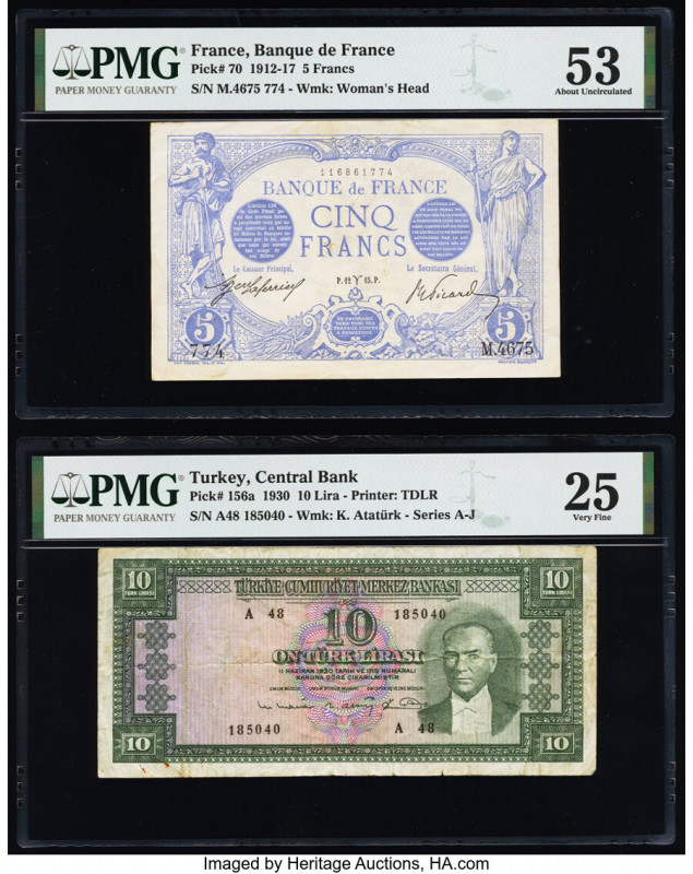 France Banque de France 5 Francs 1912-17 Pick 70 PMG About Uncirculated 53; Turk...