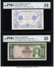 France Banque de France 5 Francs 1912-17 Pick 70 PMG About Uncirculated 53; Turkey Central Bank 10 Lira 1930 Pick 156a PMG Very Fine 25. Two examples....