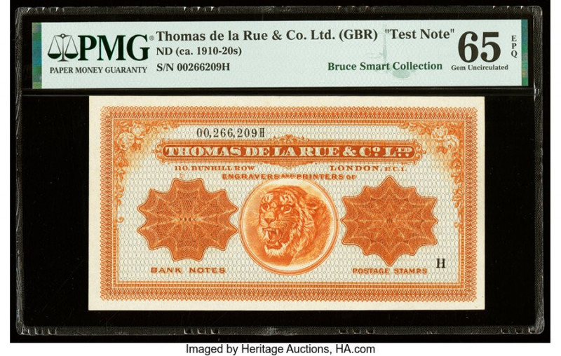 Thomas de la Rue & Co. (GBR) ND (ca. 1910-20's) Test Note PMG Gem Uncirculated 6...