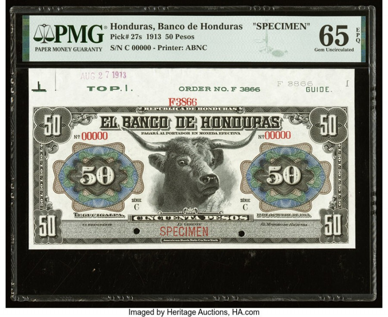 Honduras Banco de Honduras 50 Pesos 1.10.1913 Pick 27s Specimen PMG Gem Uncircul...