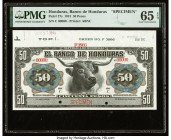 Honduras Banco de Honduras 50 Pesos 1.10.1913 Pick 27s Specimen PMG Gem Uncirculated 65 EPQ. Selvage included, red Specimen overprints and two POCs pr...