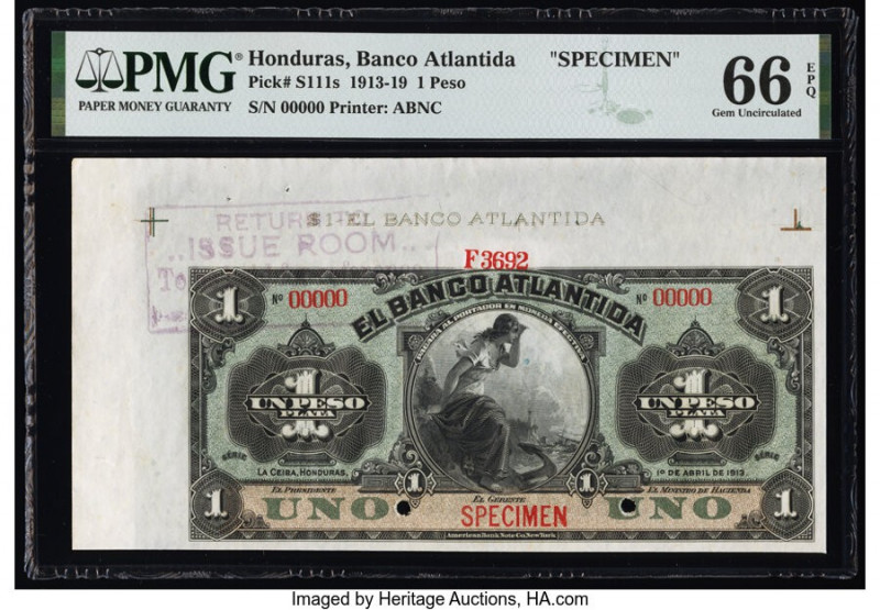 Honduras Banco Atlantida 1 Peso 1.4.1913 Pick S111s Specimen PMG Gem Uncirculate...