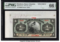 Honduras Banco Atlantida 1 Peso 1.4.1913 Pick S111s Specimen PMG Gem Uncirculated 66 EPQ. Red Specimen overprints, two POCs and a printer's stamp pres...