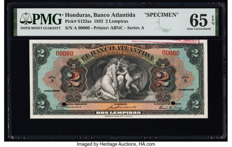 Honduras Banco Atlantida 2 Lempiras 1.3.1932 Pick S122as Specimen PMG Gem Uncirc...