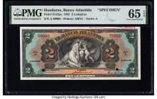Honduras Banco Atlantida 2 Lempiras 1.3.1932 Pick S122as Specimen PMG Gem Uncirculated 65 EPQ. Red Specimen overprints, two POCs and a printer's stamp...