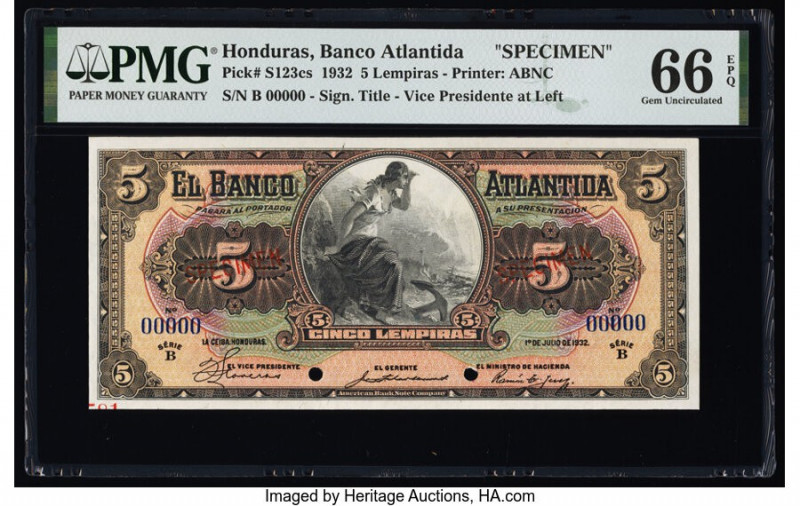 Honduras Banco Atlantida 5 Lempiras 1.7.1932 Pick S123cs Specimen PMG Gem Uncirc...