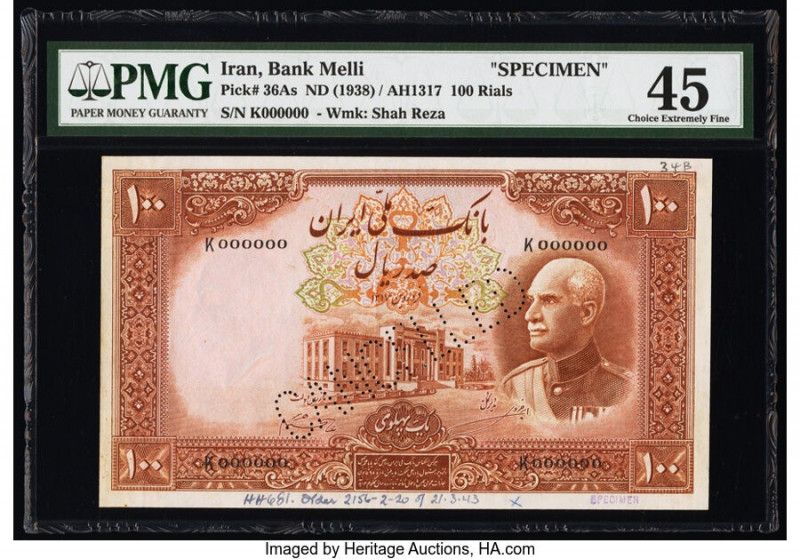 Iran Bank Melli 100 Rials ND (1938) / AH1317 Pick 36As Specimen PMG Choice Extre...
