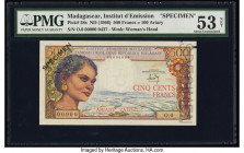 Madagascar Institut d'Emission Malgache 500 Francs = 100 Ariary ND (1966) Pick 58s Specimen PMG About Uncirculated 53 Net. A perforated Specimen punch...