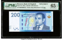 Morocco Bank al-Maghrib 200 Dirhams 2012 / AH1433 Pick 77s Specimen PMG Gem Uncirculated 65 EPQ. Red Specimen overprints are present on this example. ...