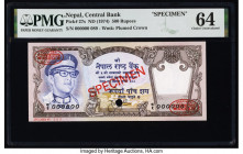 Nepal Central Bank of Nepal 500 Rupees ND (1974) Pick 27s Specimen PMG Choice Uncirculated 64. Red Specimen & TDLR overprints and one POC present on t...