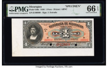 Nicaragua Republica Nicaragua 1 Peso 1.1.1910 Pick 44bs Specimen PMG Gem Uncirculated 66 EPQ. Selvage included, red Specimen overprints and two POCs a...