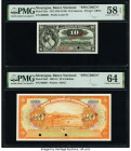 Nicaragua Banco Nacional 10 Centavos; 20 Cordobas 1912 (ND 1918); 1951 Pick 52cs; 95s2 Two Specimen PMG Choice About Unc 58 EPQ; Choice Uncirculated 6...