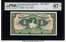 Nicaragua Banco Nacional 1 Cordoba 1927 Pick 62s1 Specimen PMG Superb Gem Unc 67 EPQ. Red Specimen overprints and three POCs are present on this examp...